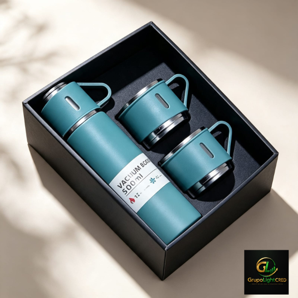 Kit Garrafa Térmica Inox 500ml Com 3 Xícaras Camping Viagem