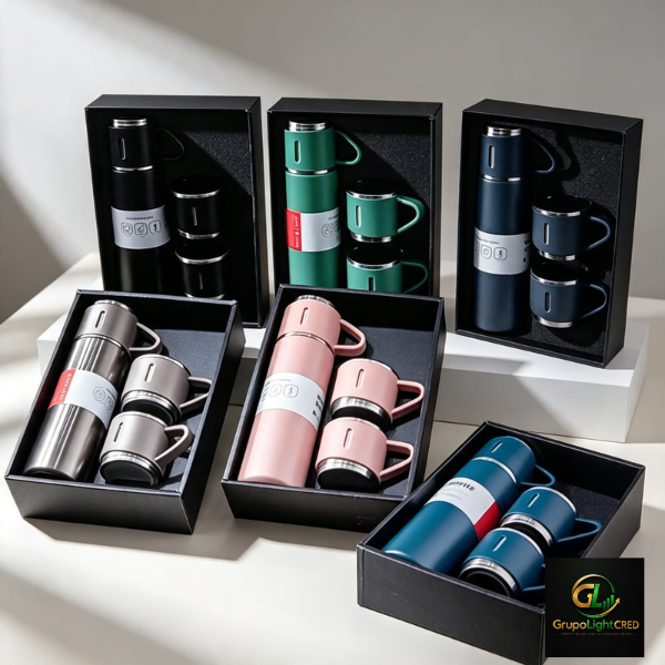 Kit Garrafa Térmica Inox 500ml Com 3 Xícaras Camping Viagem